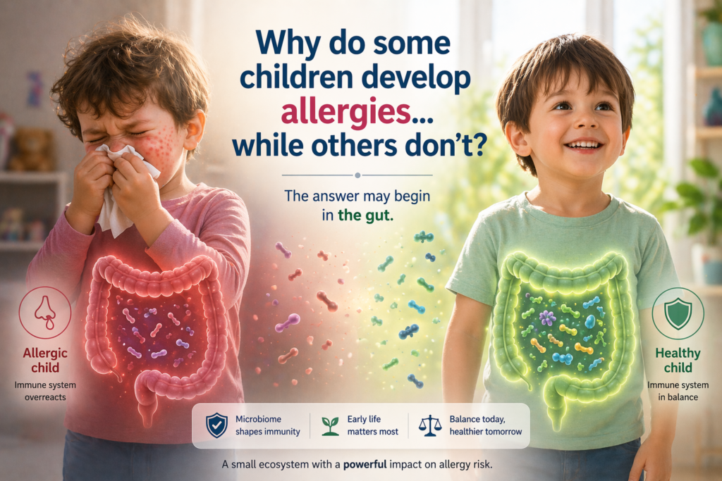 comparison of allergic child and healthy child showing gut microbiome influence on immune system and allergy risk