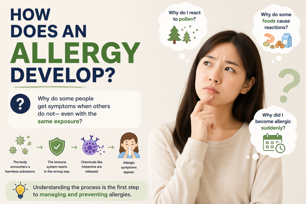person wondering why allergy develops and why some people react differently to allergens