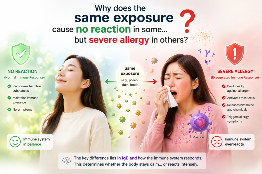 comparison between normal and exaggerated immune response involving IgE