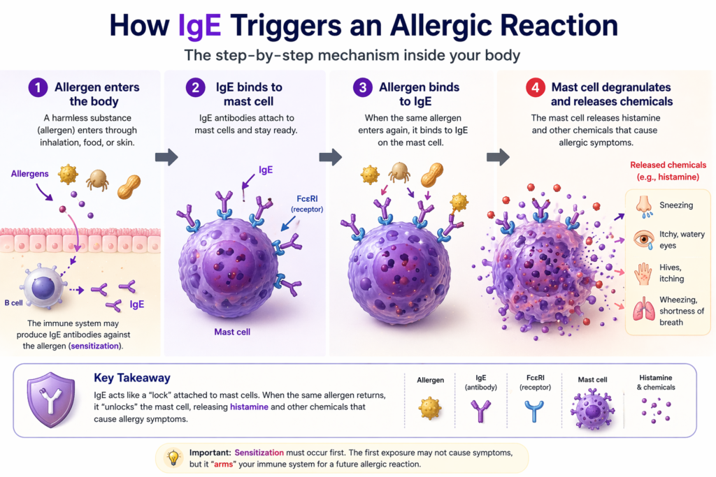 IgE binding to mast cells and triggering histamine release