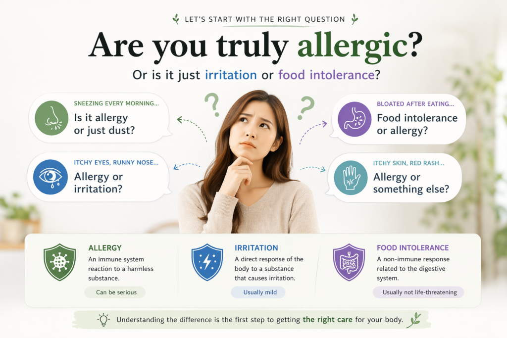 person wondering if symptoms are allergy irritation or food intolerance