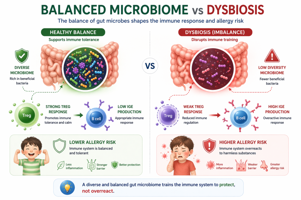 balanced microbiome vs dysbiosis comparison immune response allergy risk diagram