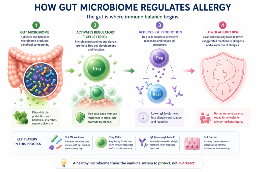 gut microbiome regulating Treg cells IgE and allergic response pathway diagram