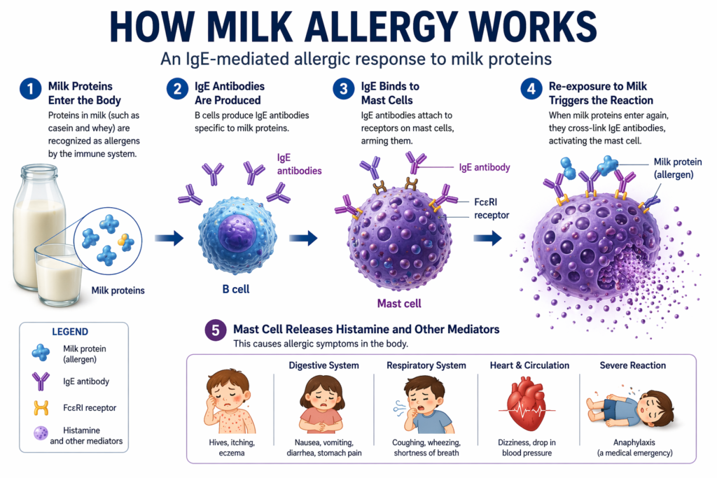 milk protein triggering IgE mediated allergic response diagram