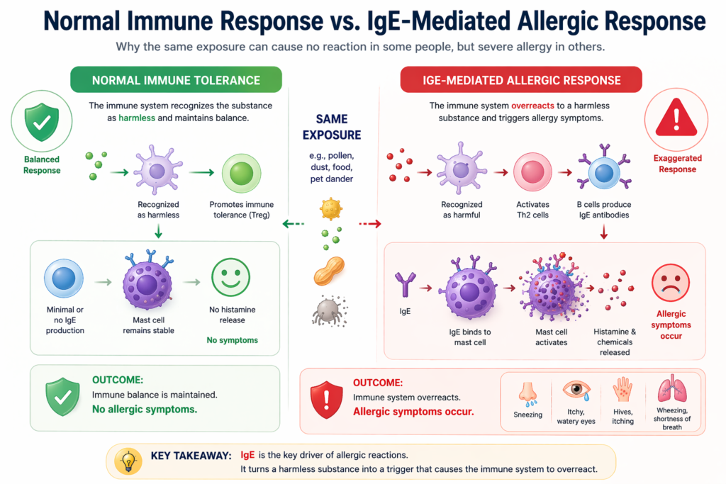 normal immune response vs IgE mediated allergic response comparison