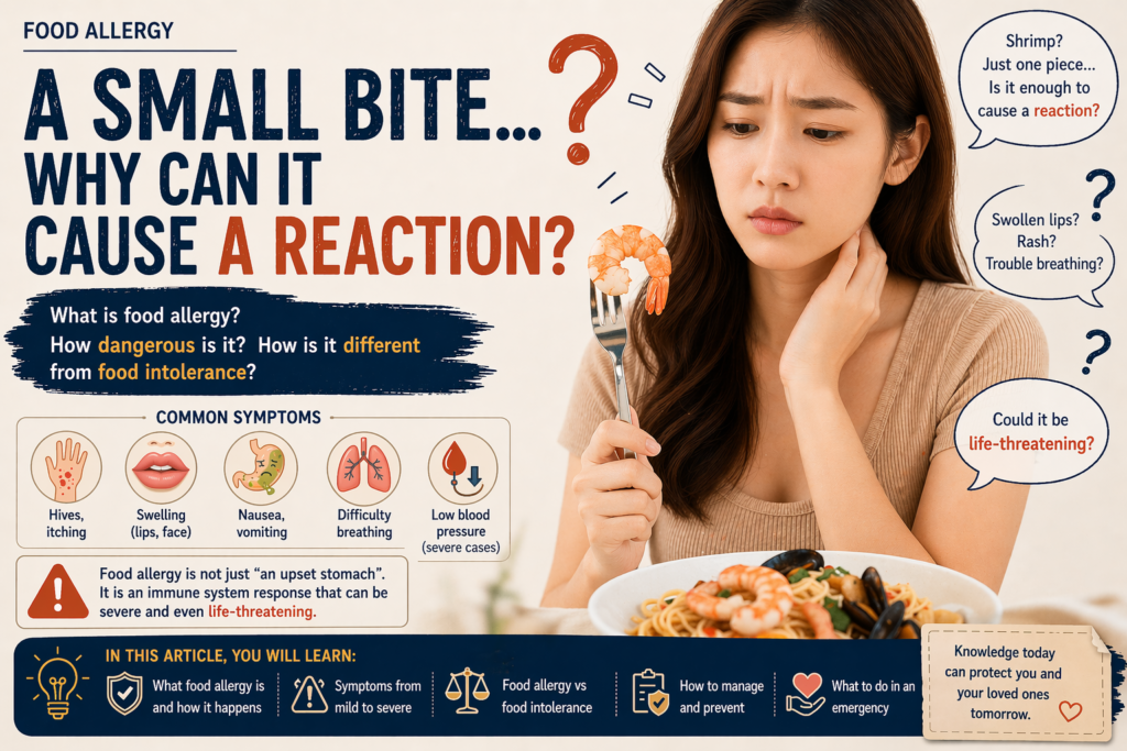 woman holding shrimp looking concerned small bite food allergy reaction symptoms rash swelling breathing difficulty question concept