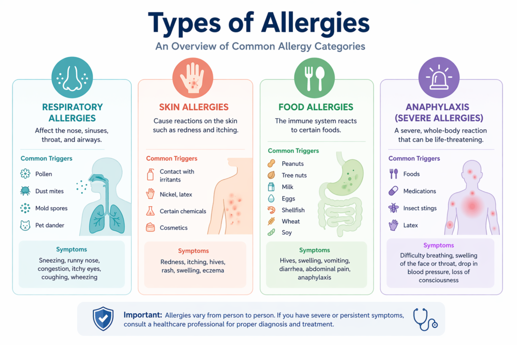 types of allergy respiratory skin food anaphylaxis overview
