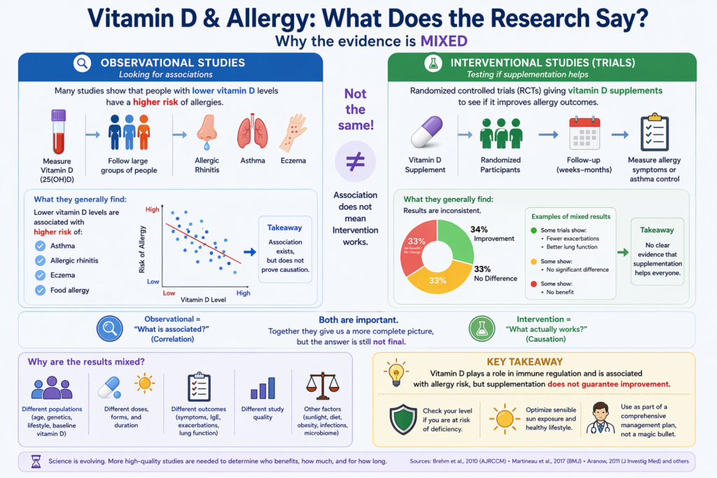 vitamin D allergy research observational vs interventional mixed results diagram