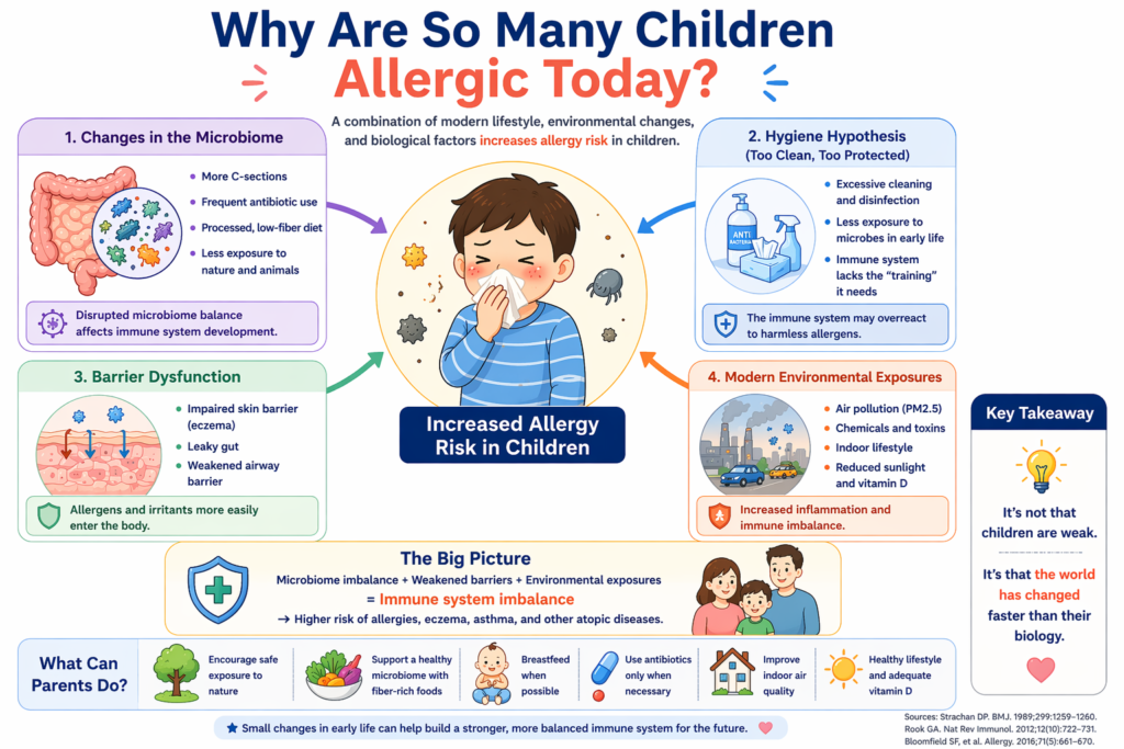 factors increasing allergies in children microbiome environment hygiene hypothesis diagram
