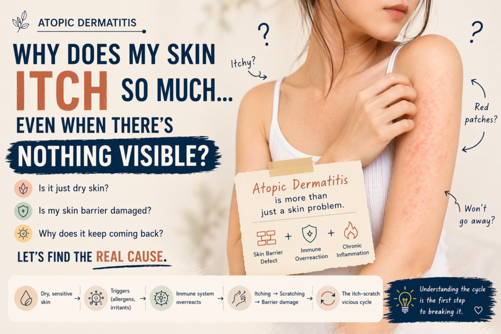 woman scratching itchy skin atopic dermatitis eczema symptoms dry skin red patches question concept