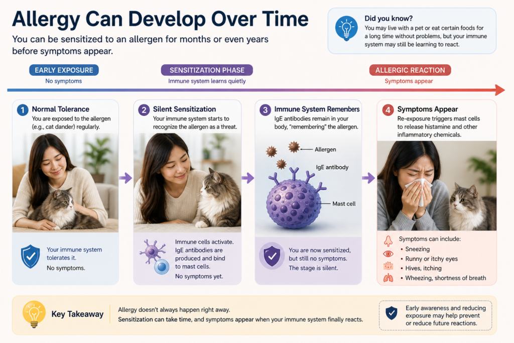 person developing allergy symptoms after long-term exposure to cat