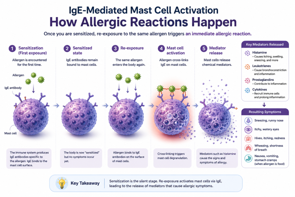 IgE antibodies triggering mast cell degranulation and histamine release