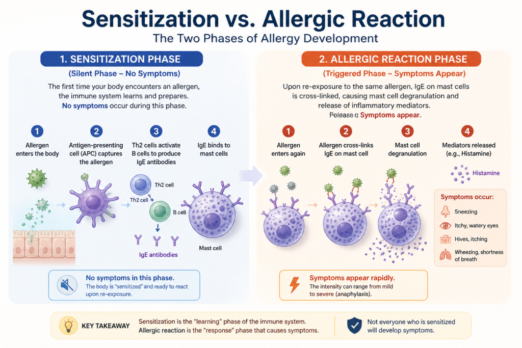 diagram comparing sensitization phase without symptoms and allergic reaction phase with histamine release