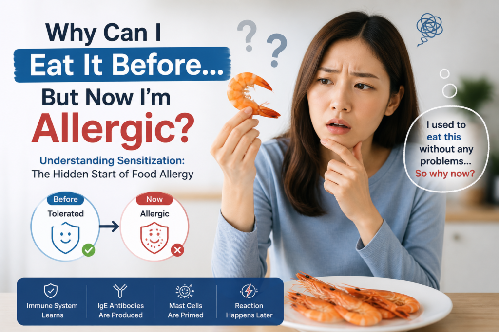 person confused holding shrimp wondering why allergy developed suddenly